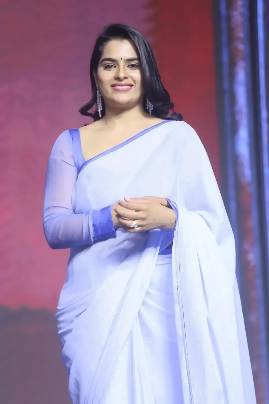 Kavya Kalyanram In Blue Saree At Ustaad Pre Release Event